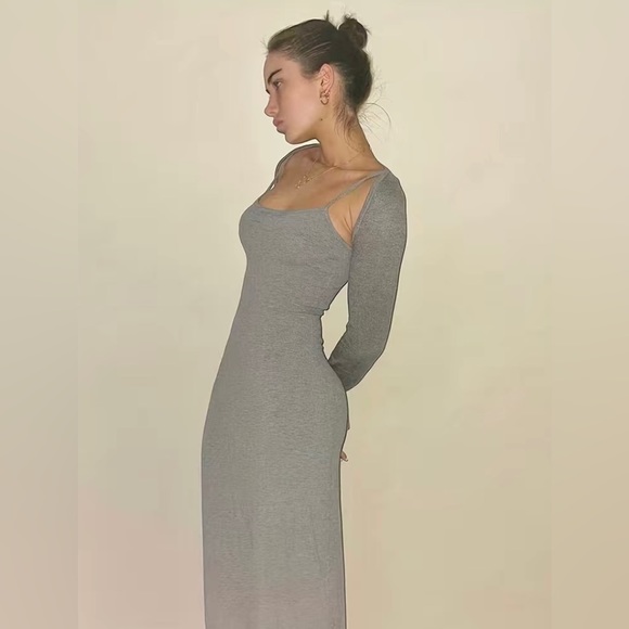 Heather Gray Goddess Bodycon Maxi Spaghetti Strap Dress - Picture 5 of 7